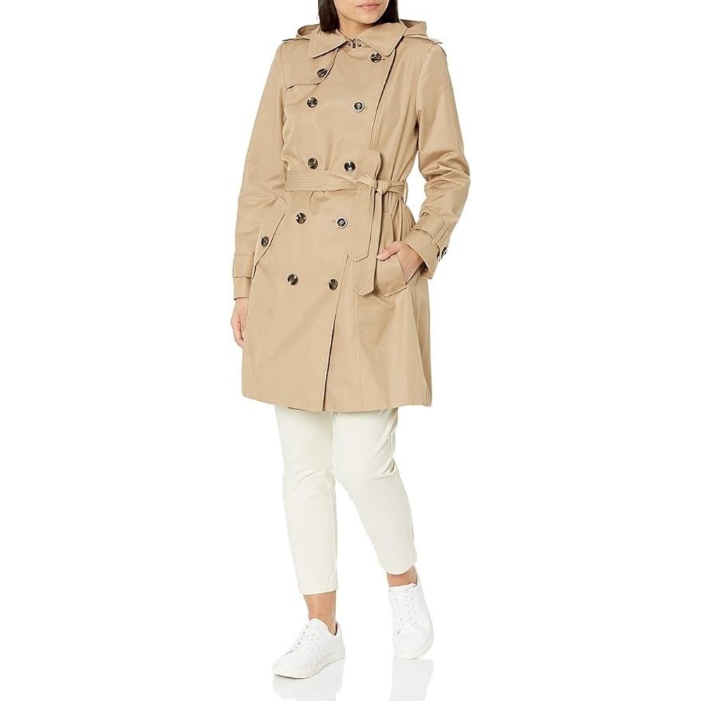 London Fog Womens British Khaki Double Breasted Hooded Trench Coat Size M NWT